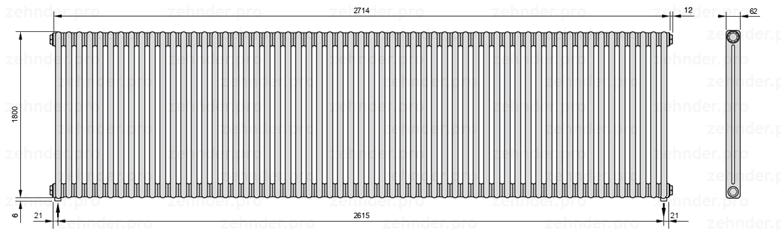 Схема (чертеж) Радиатор Zehnder Charleston 2180/59 №5310 Белый глянцевый RAL 9016